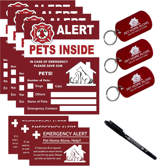 FLO PET Pets Alert Pets inside Sticker-Pets Safety Alert and Rescue-If Case of Emergency,Succor Can See Alert on the Window,Door,Or House to Rescue Your Pets Inside-4Pack with Wallet Card and Key Tag